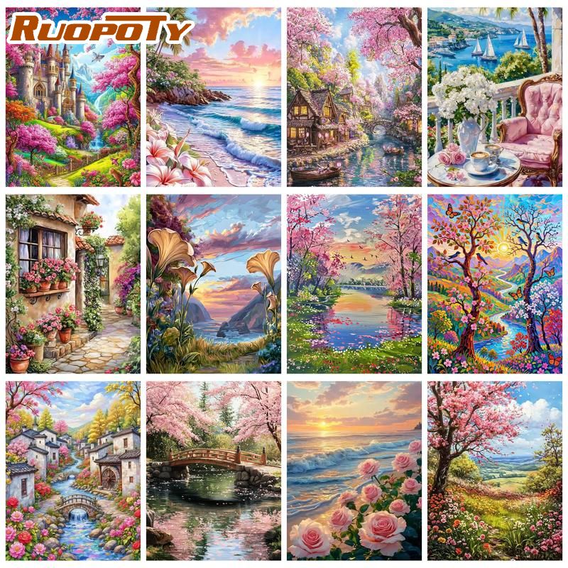 Art Craft Ideas Easy - ภาพวาดระบายสีตามตัวเลข รุ่ยโพไท ซันเซ็ท บีช สำหรับผู้ใหญ่ งานฝีมือ