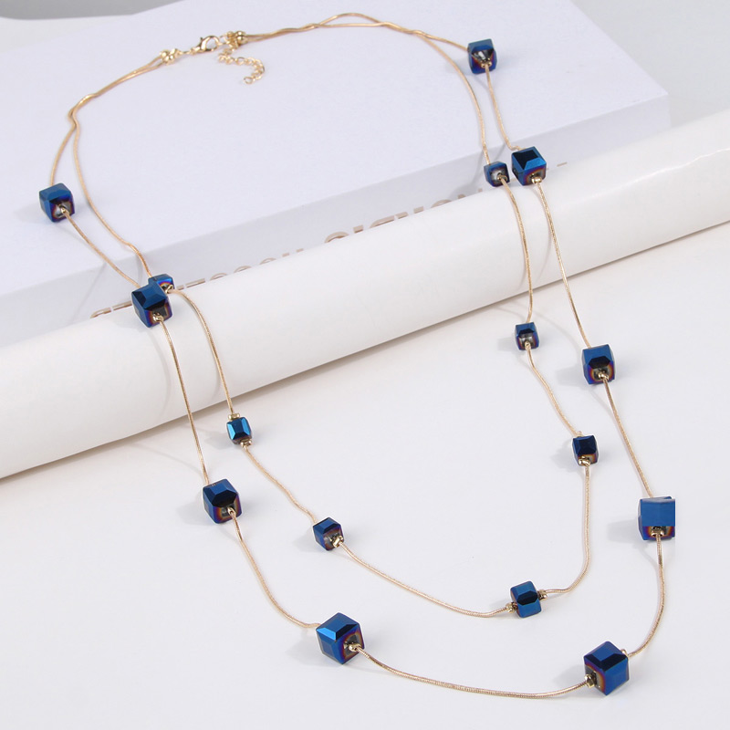 Art Craft Glasses - สร้อยคอยาวแฟชั่นใหม่ ประดับลูกปัดทรงสี่เหลี่ยม สร้อยคอสองชั้นแบบโซ่เสื้อไหมพรม สร้อยคอคริสตัลเทียม