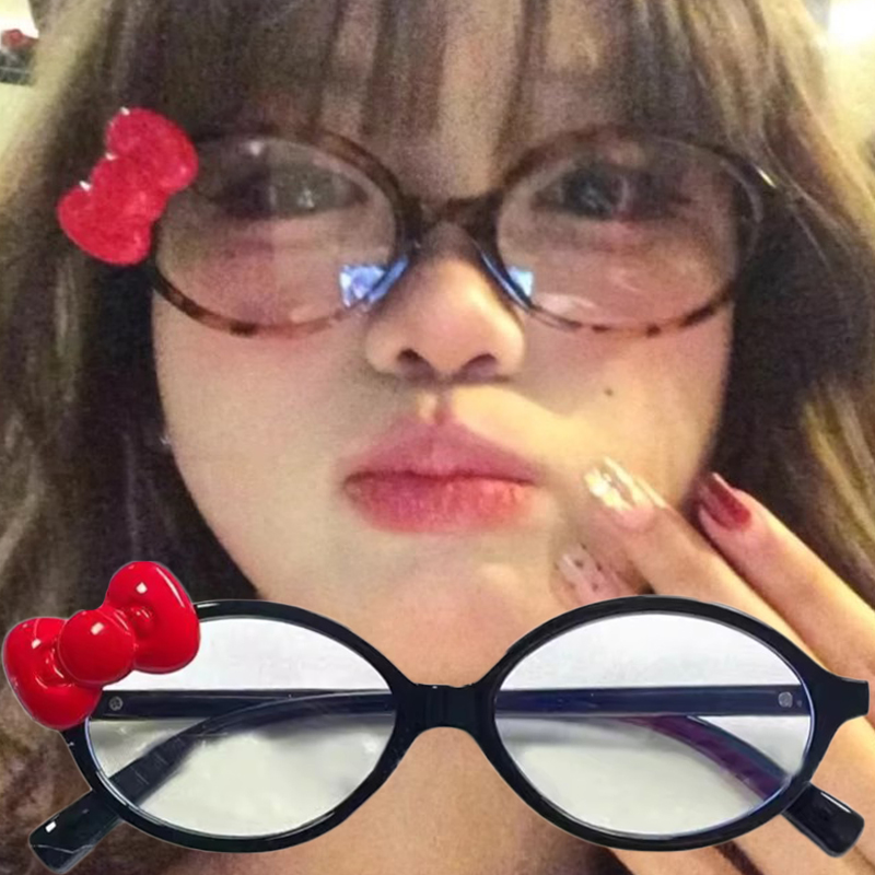 Art Craft Glasses - Y2K โบว์สีแดงแว่นตารูปไข่สีแดงเสือดาวพิมพ์กรอบแว่นตาแก้วตกแต่งคอมพิวเตอร์ Anti-Blue แว่นตา Seaside ขับรถ