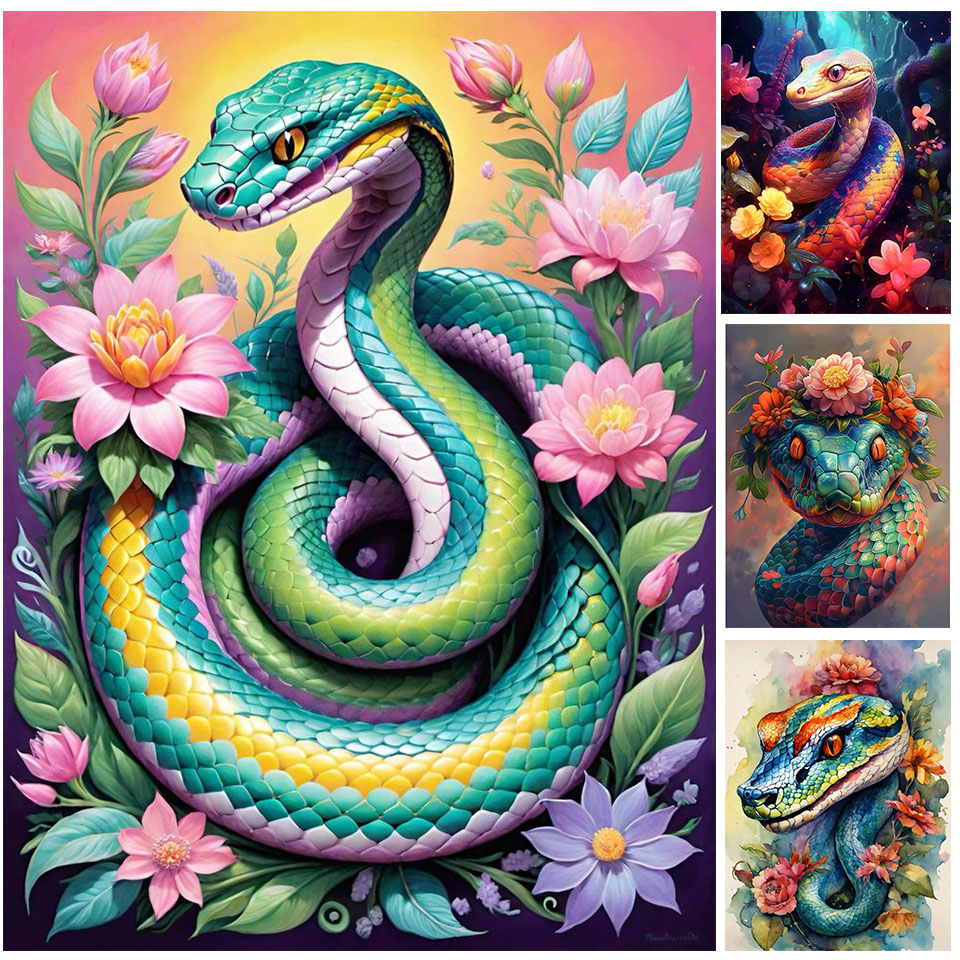 Art Craft Hobbies - สัตว์เพชรภาพวาดงูเต็มรูปแบบรอบดอกไม้เพชรโมเสคสินค้าใหม่ใหม่ 2025 งานฝีมือ Rhinestone Handmade Hobby