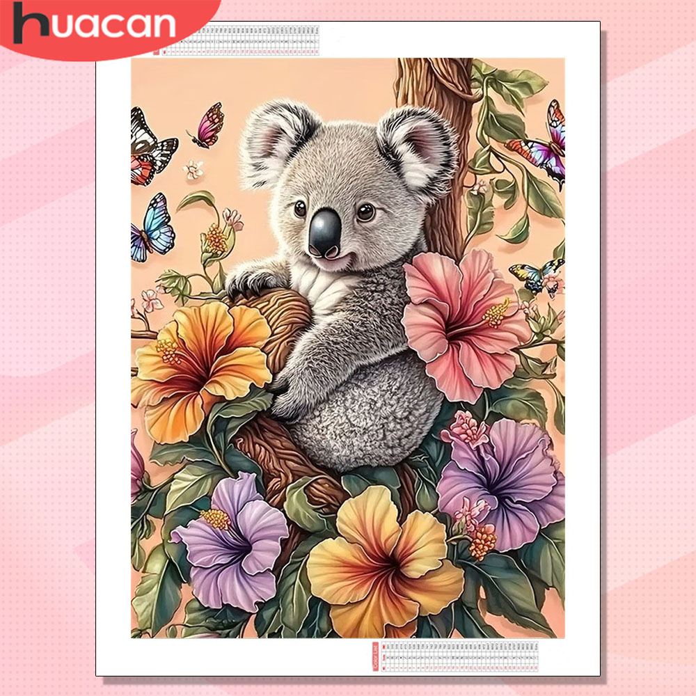 Art Craft Hobbies - ชุดภาพวาดเพชร HUACAN ลายโคอาล่า ดอกไม้ ชุดเต็มรูปแบบ ภาพวาดเพชร