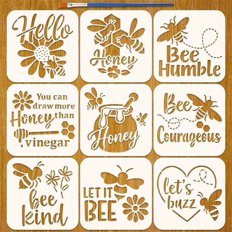 Art Craft Quotes - ชุดลายฉลุรูปผึ้งน้ำผึ้ง 9 ชิ้น ทำจาก PET ใช้ซ้ำได้